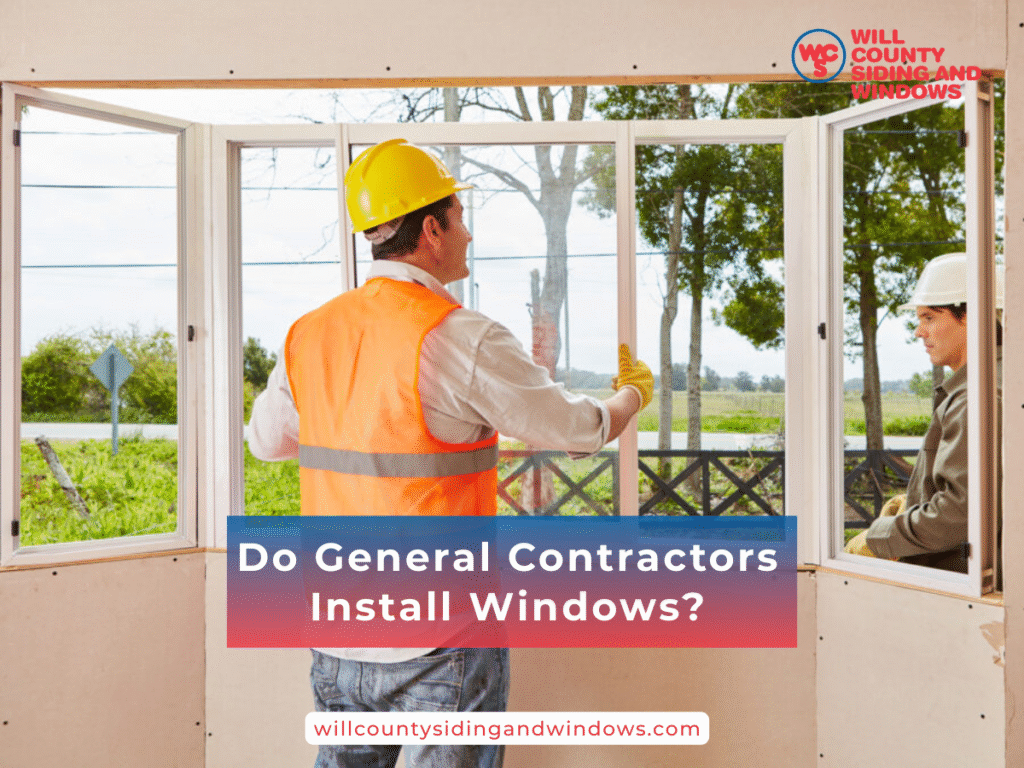 Two construction workers in safety gear installing a large window frame inside a house under construction.