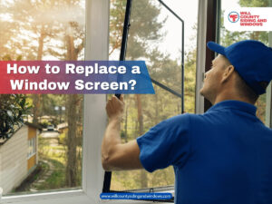 Man in blue uniform installing a new window screen in a home with branded “How to Replace a Window Screen?” text.