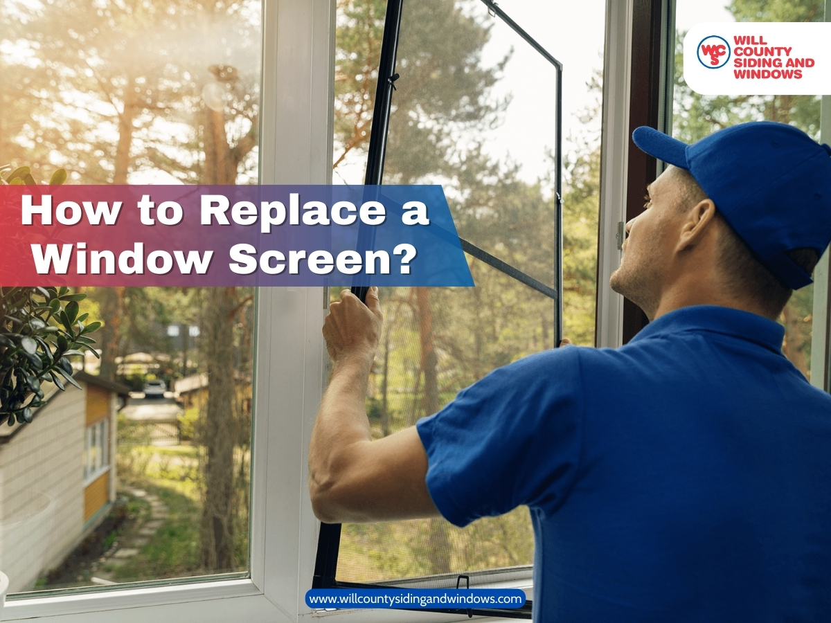 Man in blue uniform installing a new window screen in a home with branded “How to Replace a Window Screen?” text.