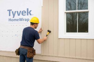 Contractor installing beige vertical vinyl siding on a modern suburban home exterior.
