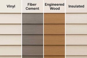 Comparison of four siding materials—vinyl, fiber cement, engineered wood, and insulated siding—showing texture and color differences for Illinois homes.