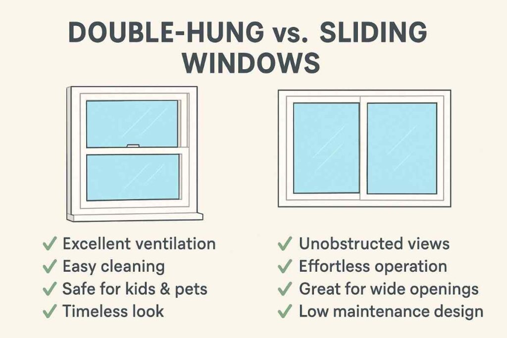 Comparison infographic showing double-hung windows and sliding windows with benefits such as ventilation, easy cleaning, unobstructed views, and low maintenance.
