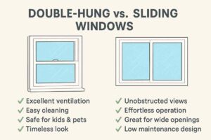 Comparison infographic showing double-hung windows and sliding windows with benefits such as ventilation, easy cleaning, unobstructed views, and low maintenance.