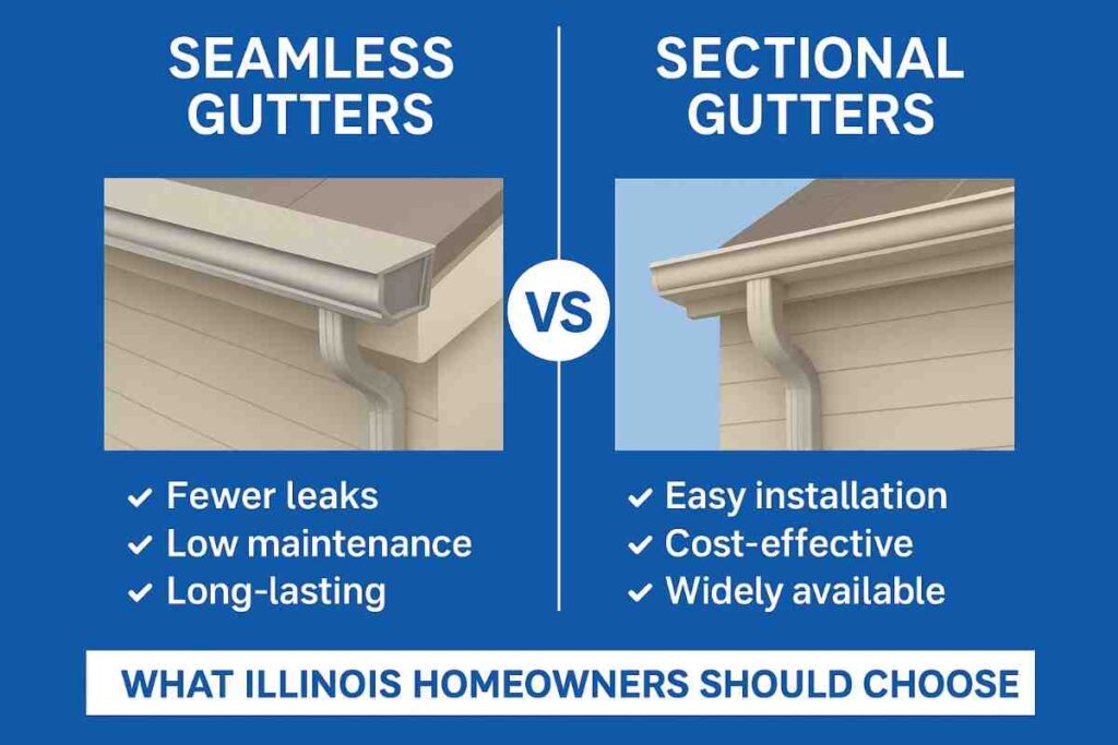 Side-by-side comparison of seamless gutters and sectional gutters showing their benefits for Illinois homeowners, including leak resistance, maintenance, and cost.
