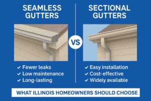 Side-by-side comparison of seamless gutters and sectional gutters showing their benefits for Illinois homeowners, including leak resistance, maintenance, and cost.