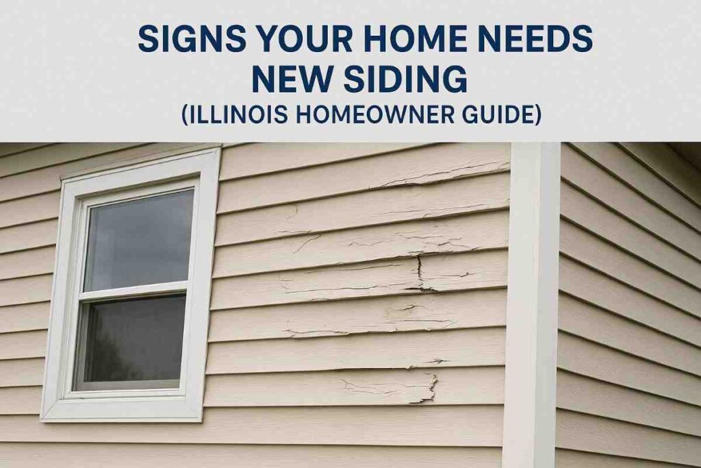 Damaged beige vinyl siding with cracks and peeling on a suburban Illinois home, shown in a siding inspection guide.