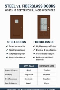 Infographic comparing steel doors and fiberglass doors, highlighting durability, insulation, and maintenance differences for Illinois homeowners.