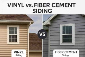 Side-by-side comparison of vinyl siding and fiber cement siding showing durability, maintenance, cost, and appearance for Illinois homes.