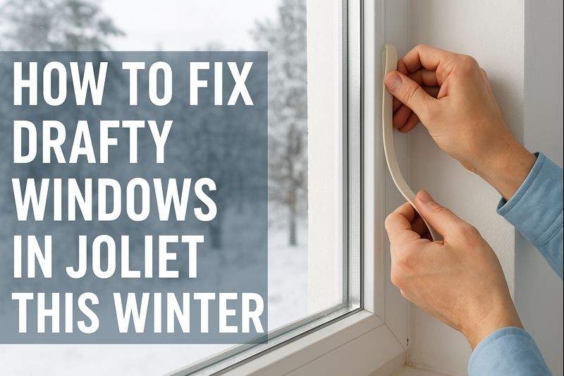 Professional sealing a drafty window in a Joliet home during winter to improve insulation and energy efficiency.