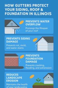 Infographic showing how gutters protect Illinois homes by preventing roof overflow, siding damage, foundation issues, and landscape erosion.