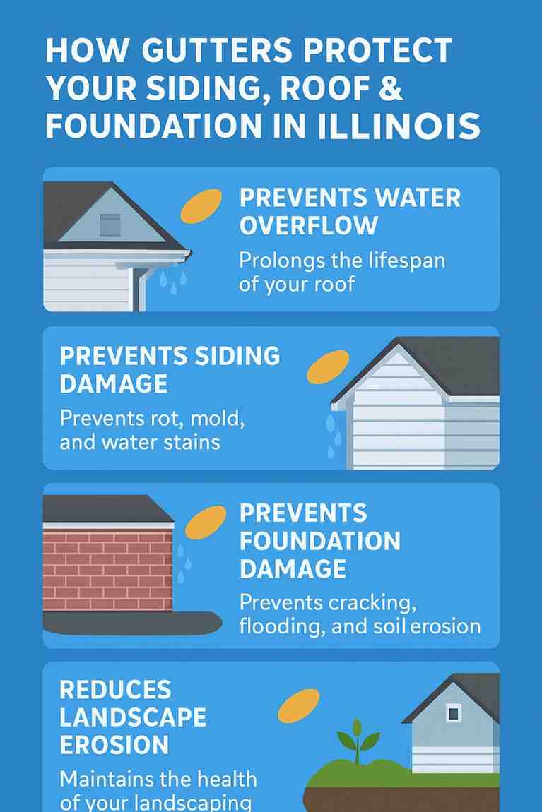 Infographic showing how gutters protect Illinois homes by preventing roof overflow, siding damage, foundation issues, and landscape erosion.