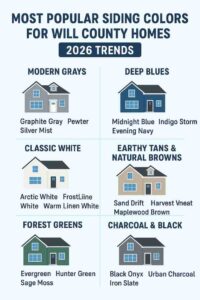 Infographic comparing the most popular 2026 siding colors for Will County homes, including grays, blues, whites, tans, greens, and charcoal tones.