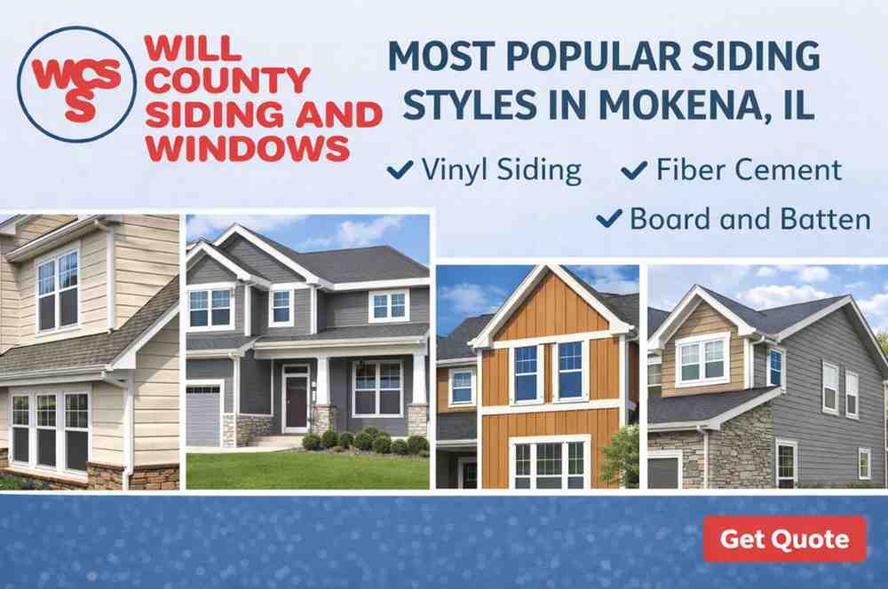 Most popular siding styles in Mokena IL including vinyl siding, fiber cement siding, and board and batten installed by Will County Siding and Windows