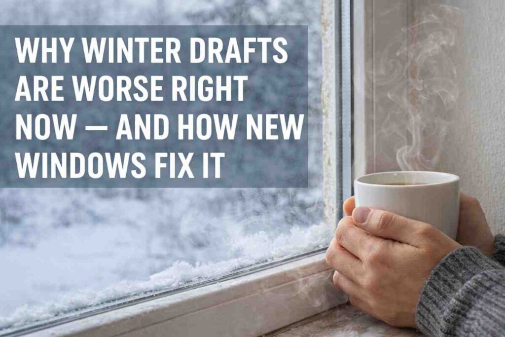 Hands holding a hot mug near a drafty window in winter, showing cold air infiltration and the need for energy-efficient window replacement.