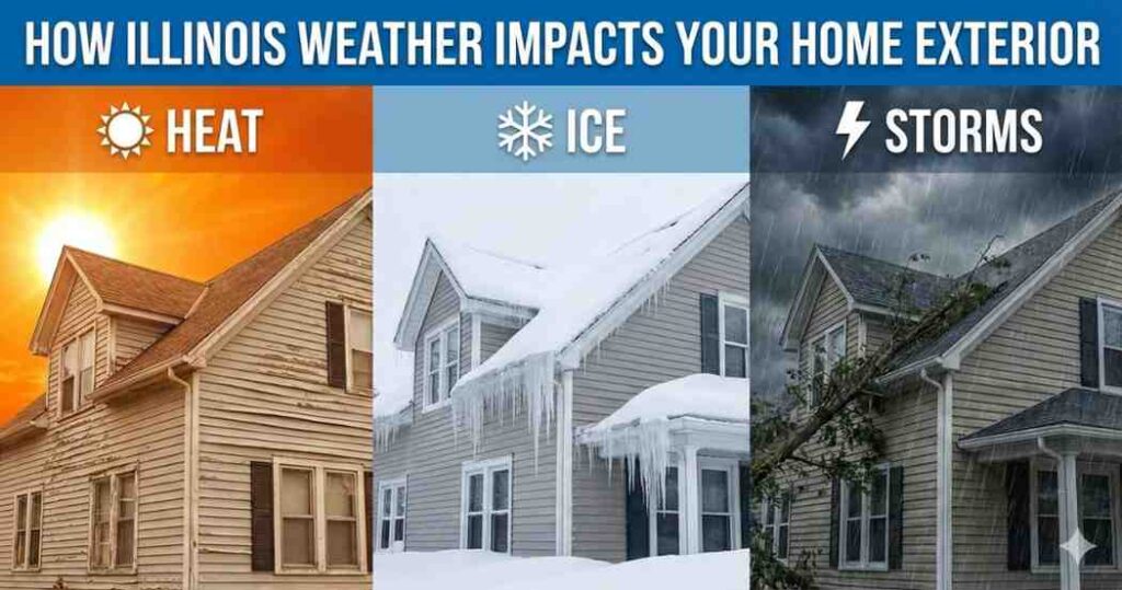 Illustration showing how Illinois weather affects home exteriors, including heat damage, ice buildup, and storm impact on siding, roofing, and windows