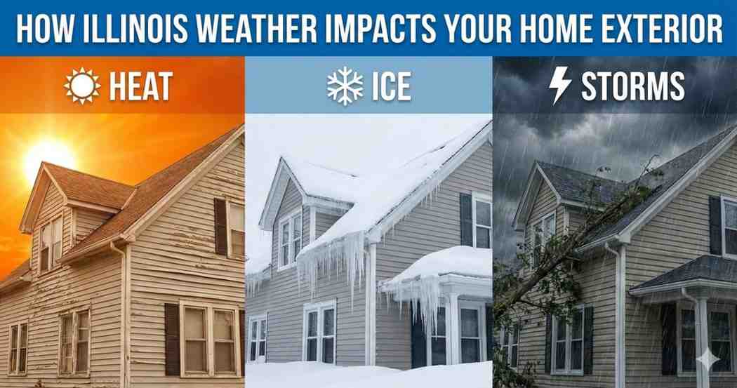 Illustration showing how Illinois weather affects home exteriors, including heat damage, ice buildup, and storm impact on siding, roofing, and windows