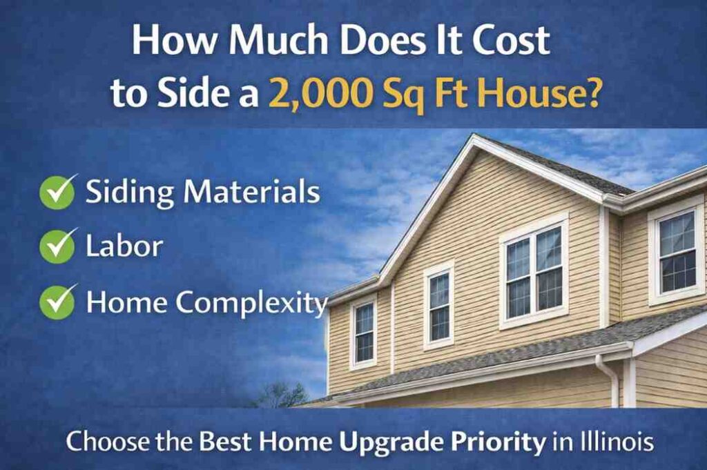 Exterior siding installation on a 2000 sq ft house showing siding materials and workmanship in Illinois