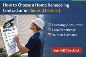 Home remodeling contractor in Illinois reviewing a renovation checklist outside a residential house