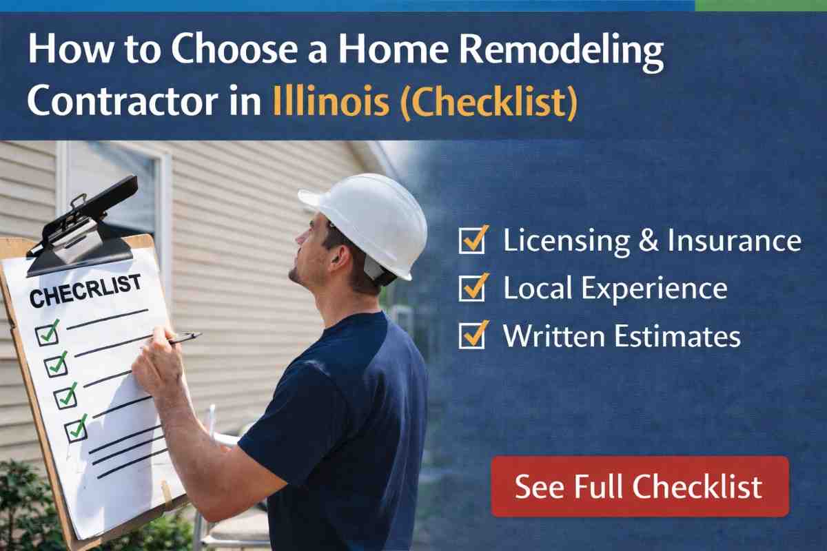 Home remodeling contractor in Illinois reviewing a renovation checklist outside a residential house