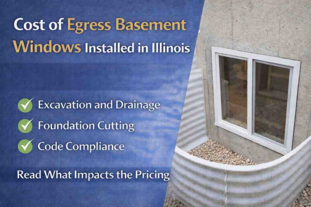 Installed egress basement window with window well and concrete foundation highlighting excavation and code compliance factors