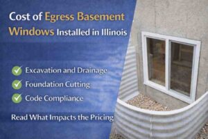 Installed egress basement window with window well and concrete foundation highlighting excavation and code compliance factors