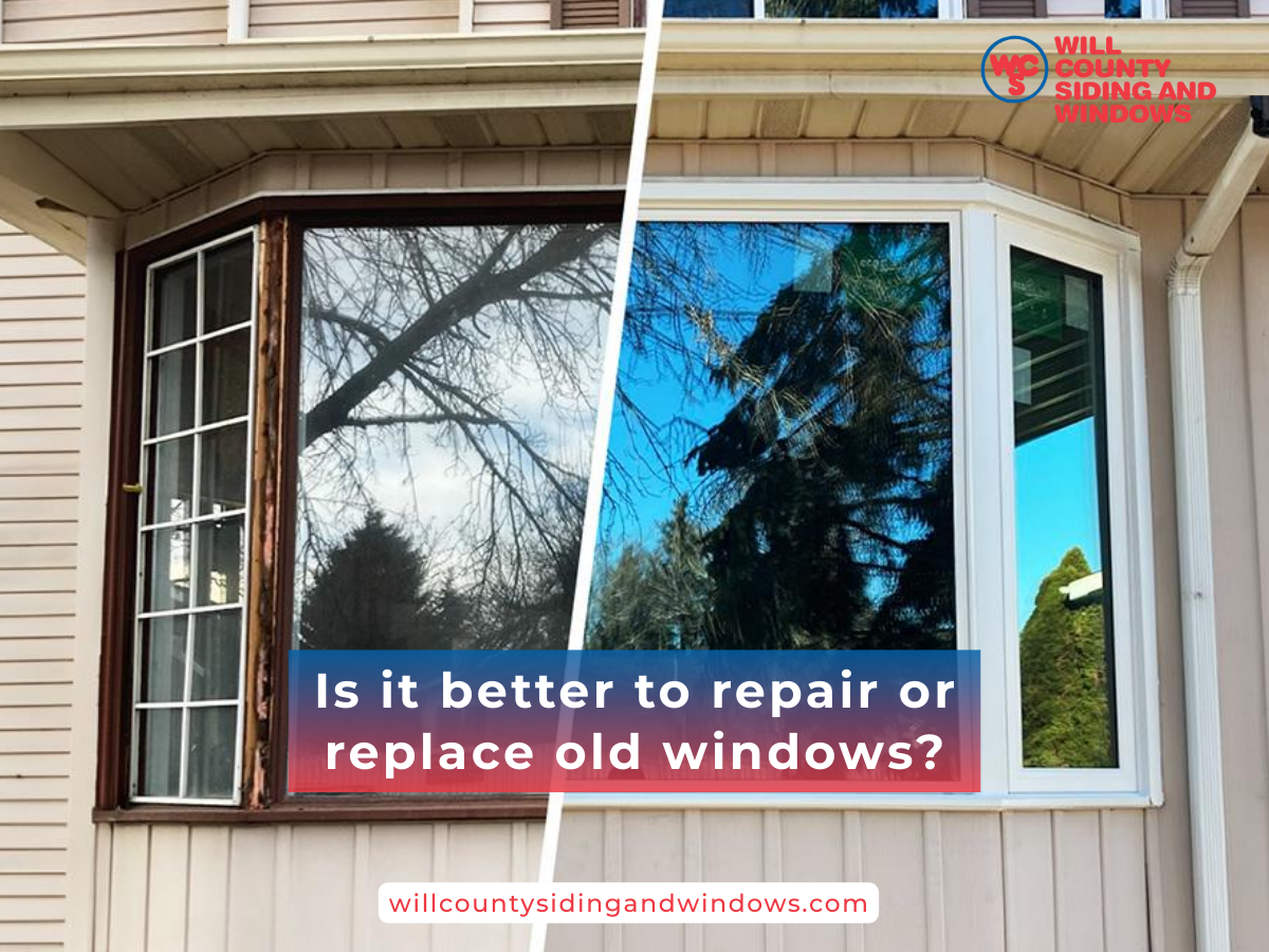 Side-by-side comparison of an old, damaged window on the left and a newly replaced modern window on the right.
