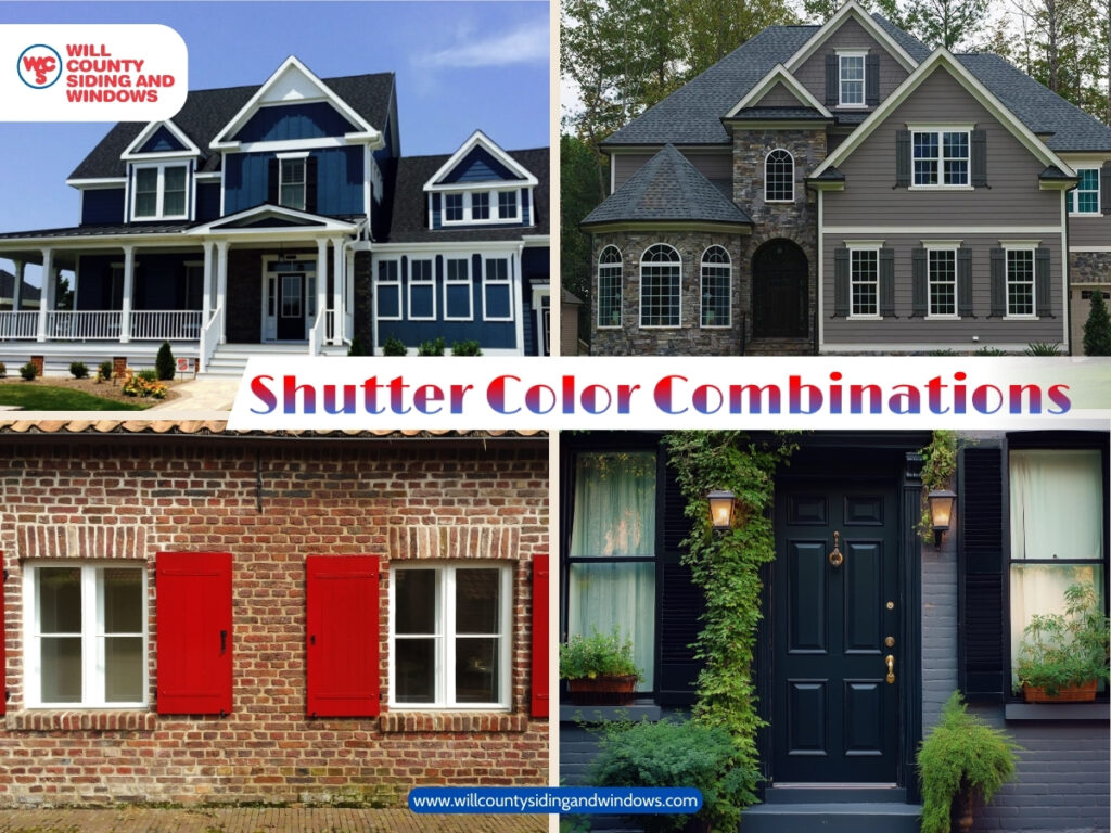 Four home exteriors displaying different shutter color combinations with vinyl siding, brick, stone, and painted doors.