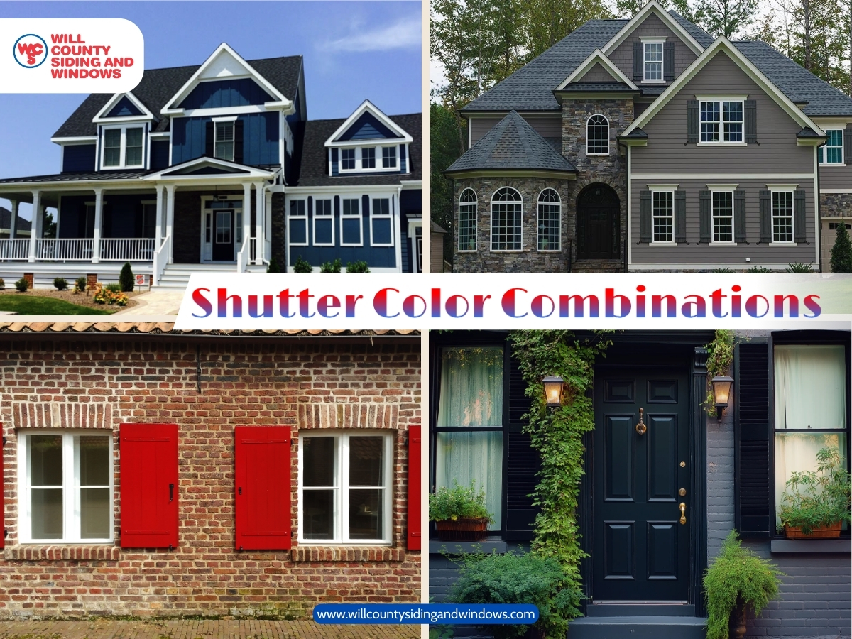 Four home exteriors displaying different shutter color combinations with vinyl siding, brick, stone, and painted doors.