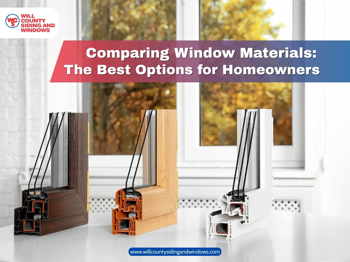 Three window frame samples made of vinyl, wood, and composite materials displayed indoors in front of a double-pane window.