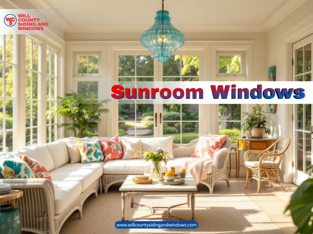 Sunroom with large energy-efficient windows, white furniture, and colourful cushions, designed by Will County Siding and Windows.