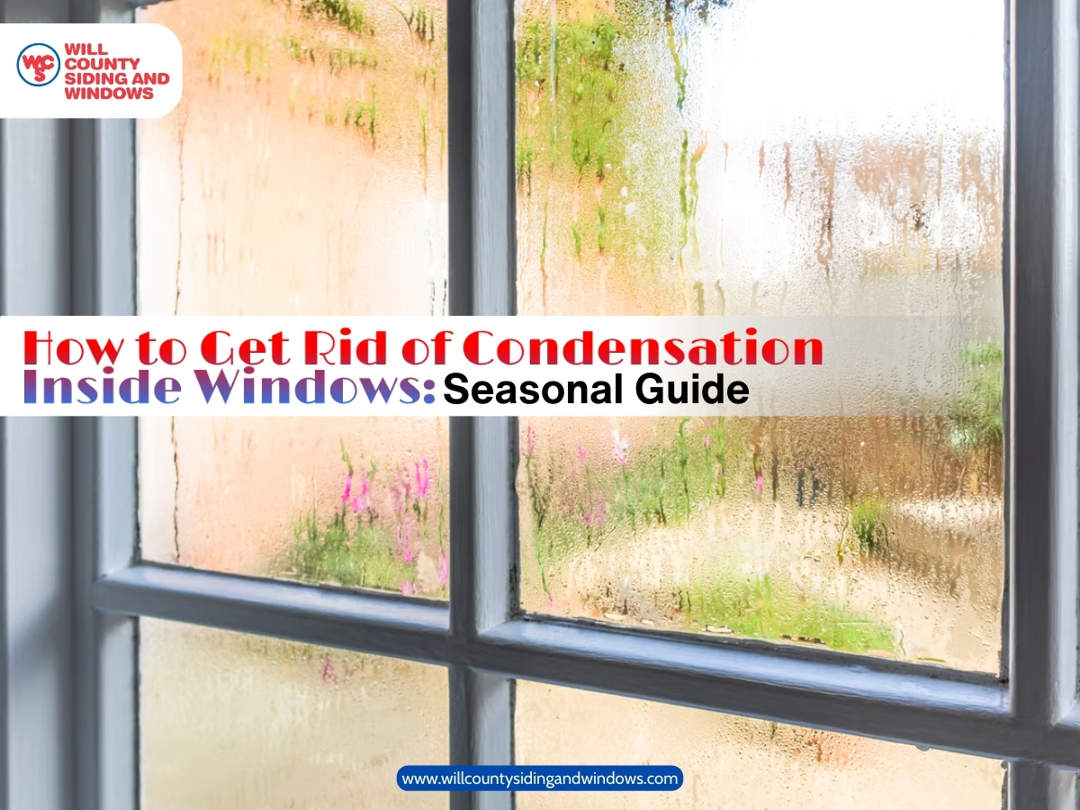 Condensation on the inside of a window with the title “How to Get Rid of Condensation Inside Windows: Seasonal Guide” from Will County Siding and Windows.