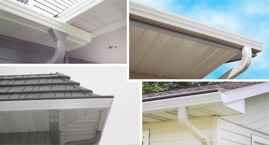 Collage of residential gutters showing various gutter hanger types including hidden hangers, straps, and brackets.