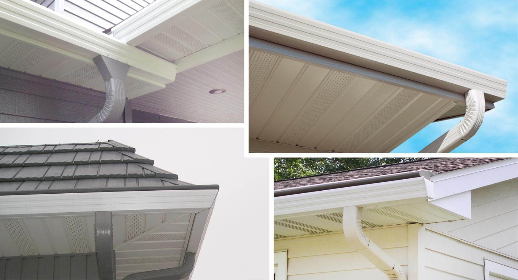 Collage of residential gutters showing various gutter hanger types including hidden hangers, straps, and brackets.