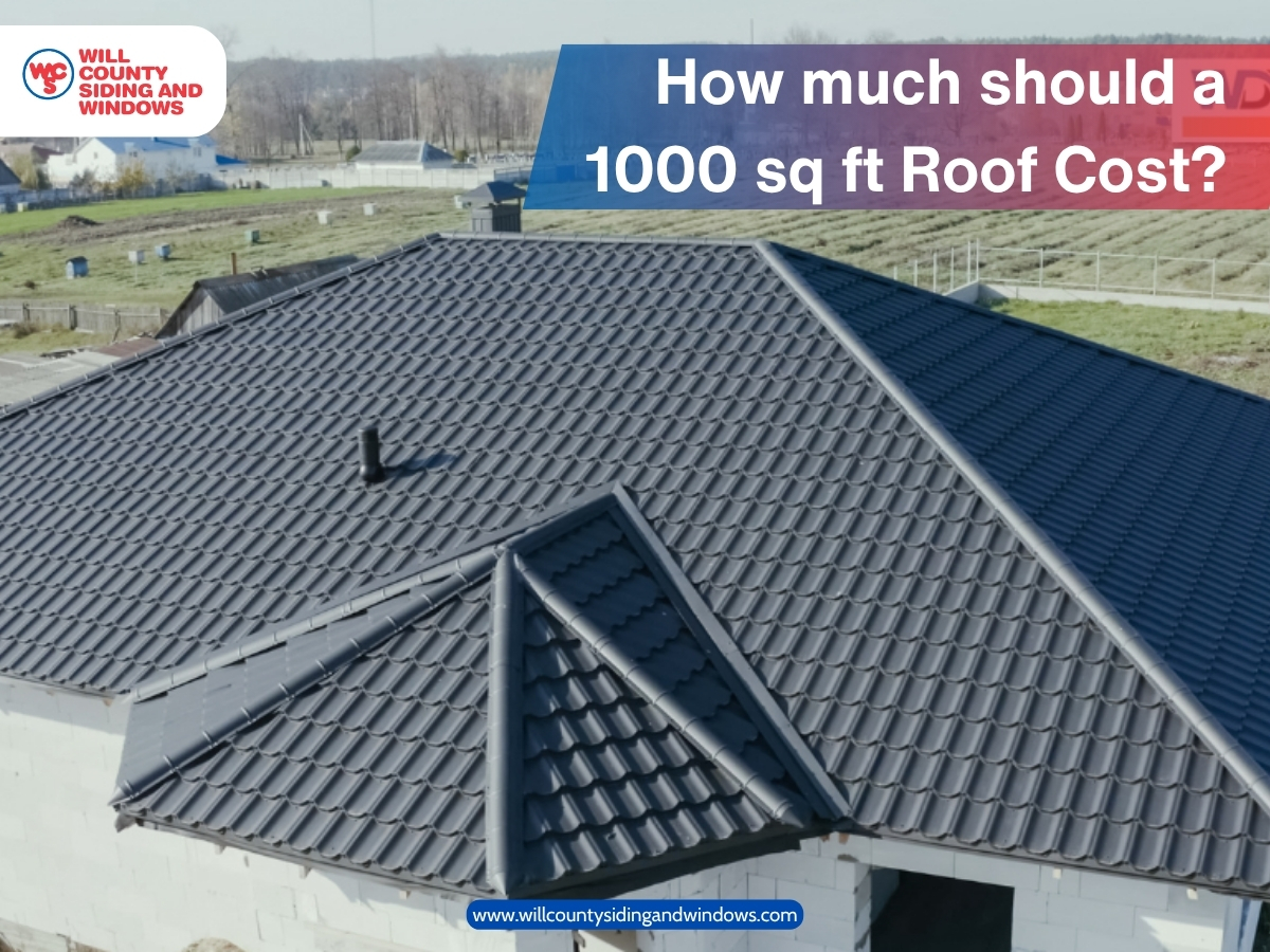 Newly installed dark gray roof on a home with caption “How much should a 1000 sq ft roof cost?” by Will County Siding and Windows.